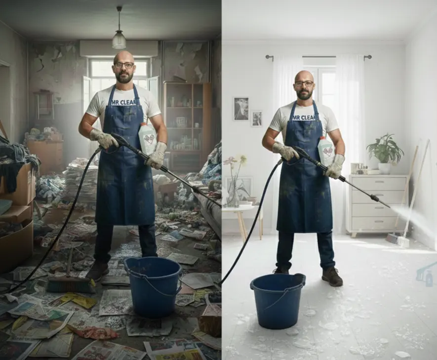 Logement insalubre avant nettoyage extrême à Namur